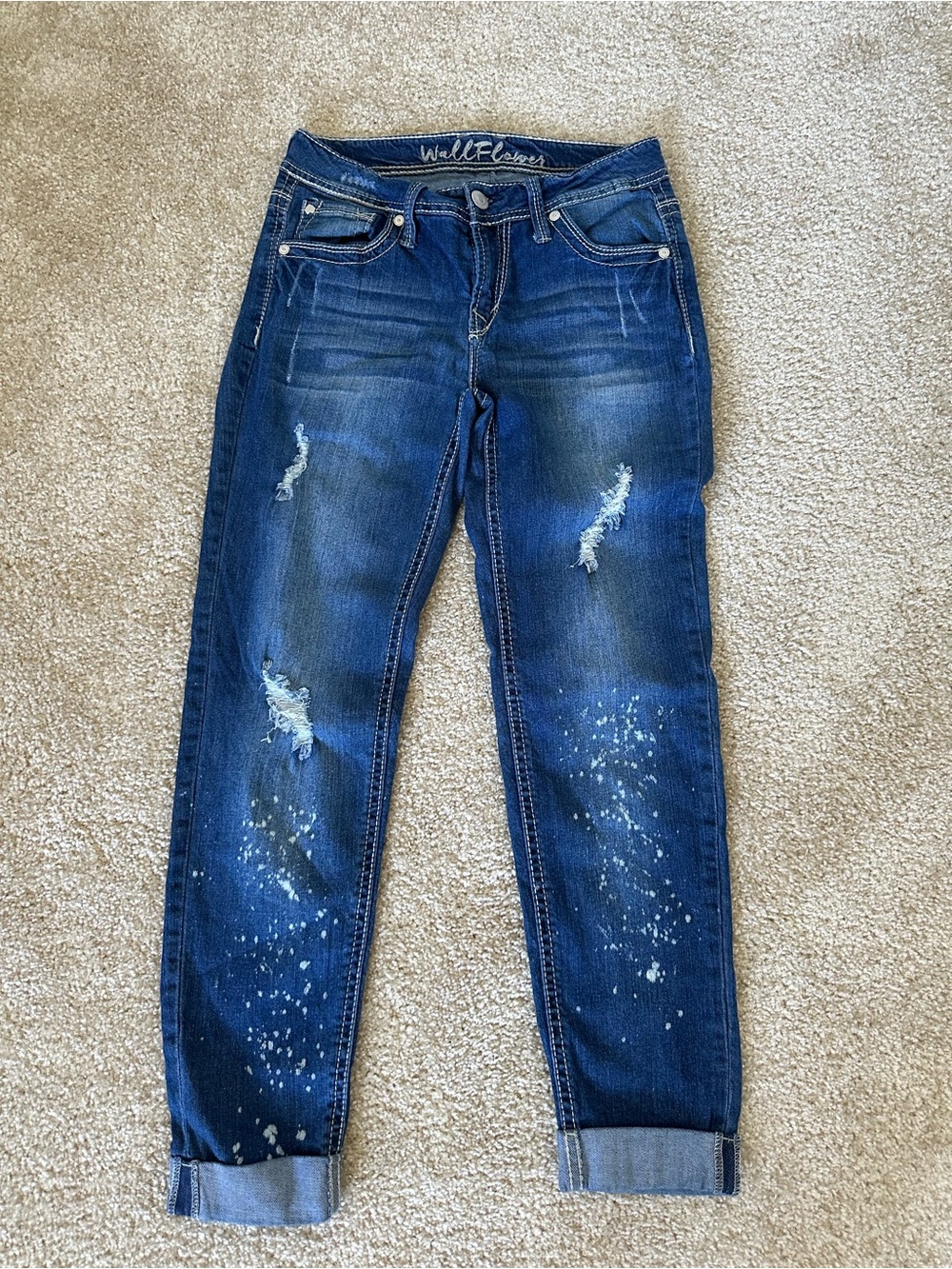 WallFlower Denim Blue Jeans Paint Splatter Distressed Rips